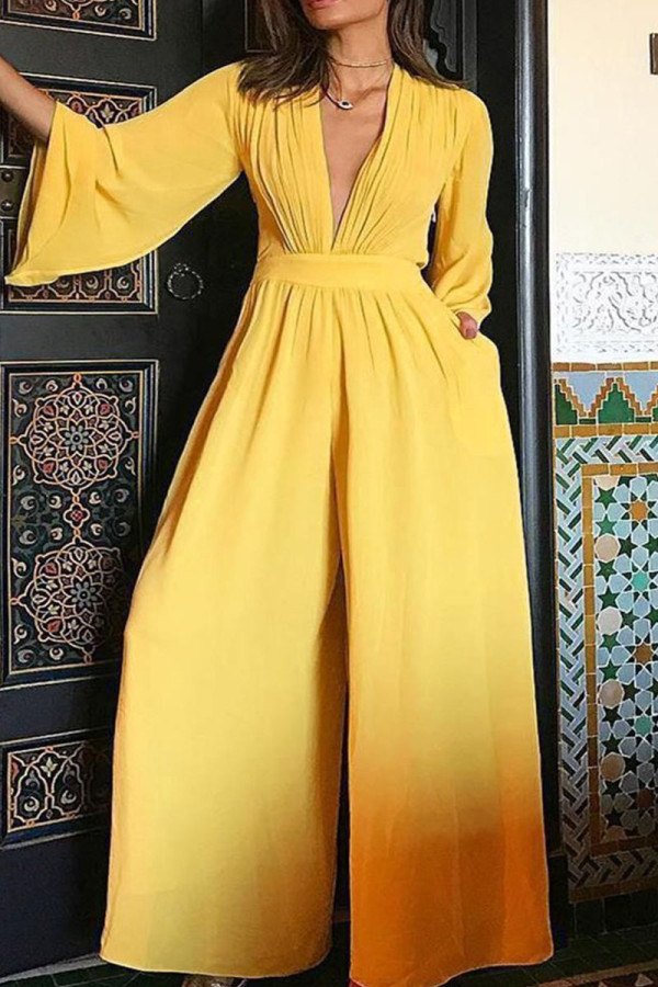 Yellow Casual Solid Patchwork V Neck Loose Jumpsuits