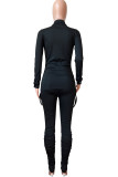 Black Casual Solid Patchwork Draw String Buckle Fold Turndown Collar Long Sleeve Two Pieces