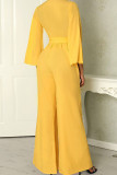 Yellow Casual Solid Patchwork V Neck Loose Jumpsuits