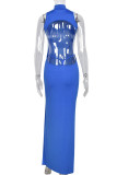 Blue Fashion Sexy Solid Slit Turtleneck Sleeveless Dress