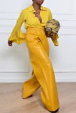 Yellow Fashion Casual Solid Basic Regular High Waist Wide Leg Trousers