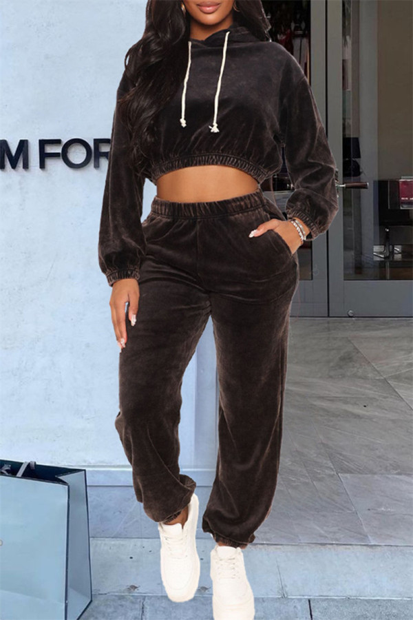 Black Fashion Casual Solid Basic Hooded Collar Long Sleeve Two Pieces