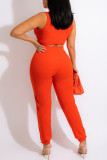 Orange Fashion Sexy Solid Cardigan Pants V Neck Sleeveless Two Pieces