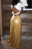 Yellow Fashion Casual Solid Basic Regular High Waist Wide Leg Trousers
