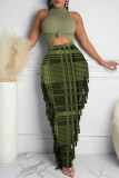 Orange Fashion Casual Plaid Print Tassel Regular High Waist Skirt