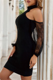 Black Fashion Sexy Patchwork Solid Backless Half A Turtleneck Sleeveless Dress
