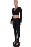 Black Fashion Casual Solid Fold V Neck Long Sleeve Two Pieces