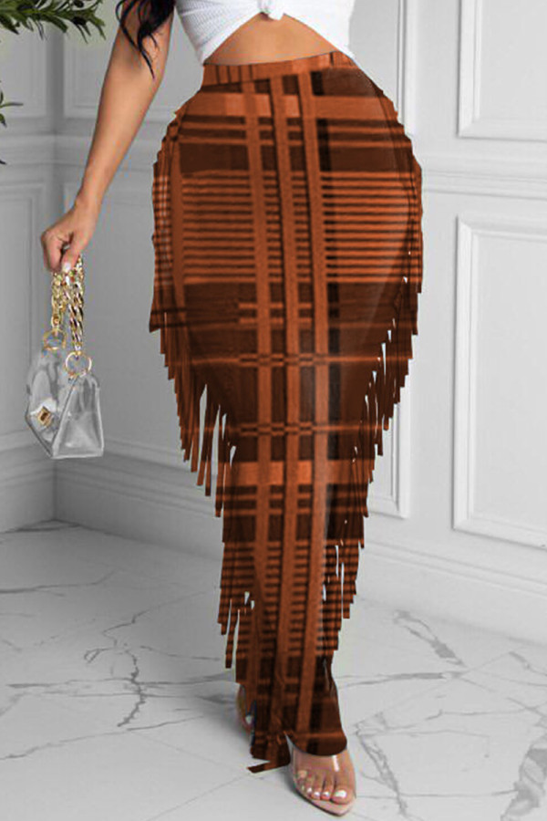 Orange Fashion Casual Plaid Print Tassel Regular High Waist Skirt