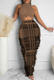 Green Fashion Casual Print Tassel Half A Turtleneck Sleeveless Two Pieces
