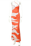 Orange Fashion Casual Print Backless One Shoulder Long Dress