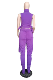 Purple Sexy Solid Patchwork Turtleneck Sleeveless Two Pieces