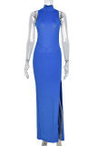 Blue Fashion Sexy Solid Slit Turtleneck Sleeveless Dress