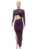 Purple Sexy Solid Hollowed Out Patchwork Slit O Neck One Step Skirt Dresses