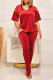 Red Casual Solid Patchwork V Neck Half Sleeve Two Pieces