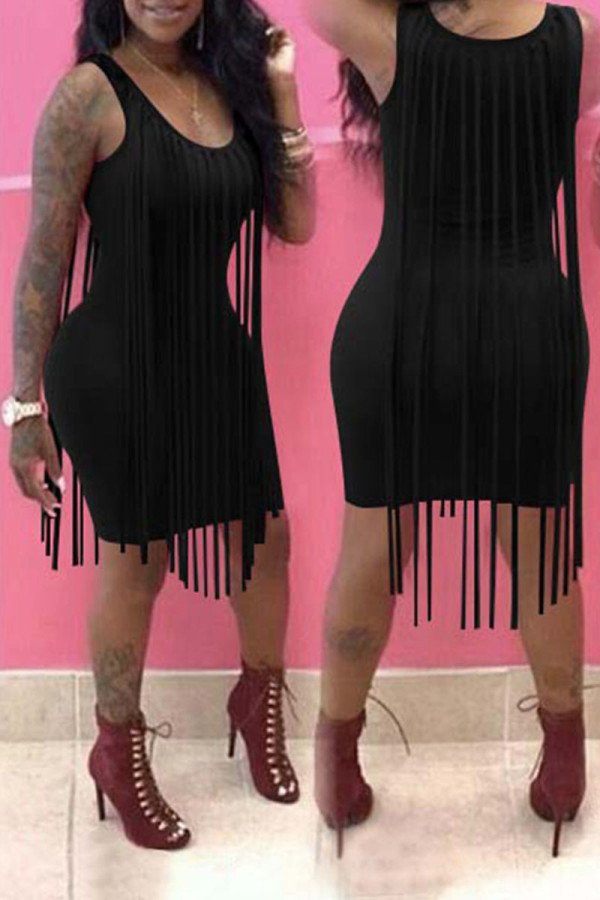 Black Sexy Solid Tassel Split Joint U Neck Pencil Skirt Dresses