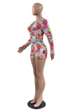 Multicolor Fashion Casual Print Basic V Neck Long Sleeve Skinny Romper