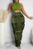 Green Fashion Casual Print Tassel Half A Turtleneck Sleeveless Two Pieces