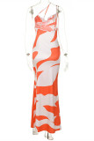 Orange Fashion Casual Print Backless One Shoulder Long Dress