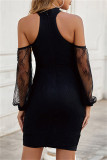 Black Fashion Sexy Patchwork Solid Backless Half A Turtleneck Sleeveless Dress