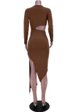 Brown Fashion Sexy Solid Hollowed Out O Neck Long Sleeve Irregular Dress
