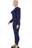 Navy Blue Sexy Solid Patchwork Backless O Neck Regular Jumpsuits