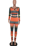Yellow Sexy Print Hollowed Out Patchwork Asymmetrical Collar Long Sleeve Two Pieces