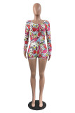 Multicolor Fashion Casual Print Basic V Neck Long Sleeve Skinny Romper
