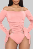 Pink Sexy Solid Patchwork Frenulum Fold Off the Shoulder Regular Bodysuits
