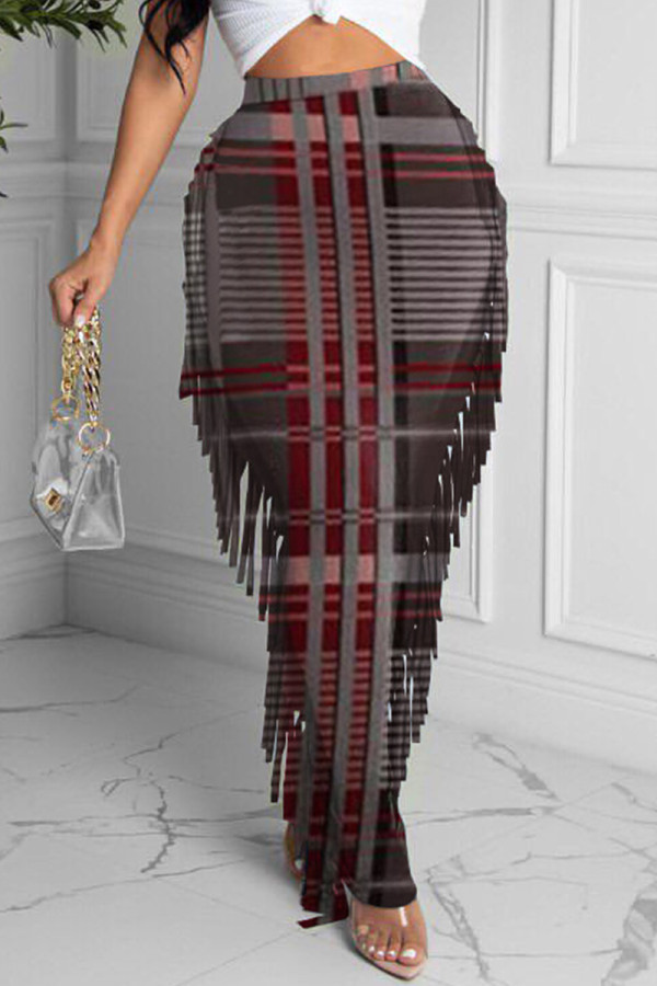 Burgundy Fashion Casual Plaid Print Tassel Regular High Waist Skirt