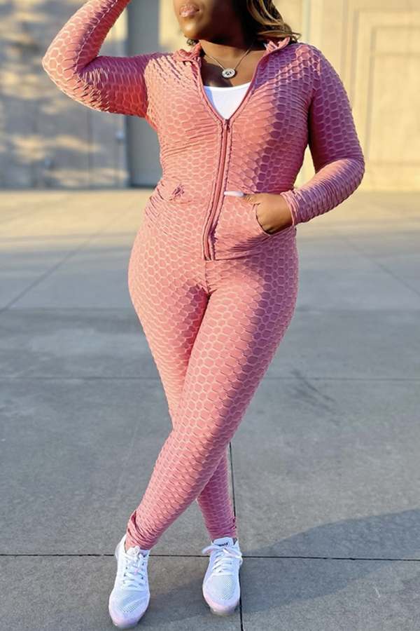 Pink Casual Solid Patchwork Zipper Collar Long Sleeve Two Pieces