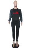 Grey Casual Print Patchwork O Neck Long Sleeve Two Pieces