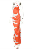 Orange Fashion Casual Print Backless One Shoulder Long Dress