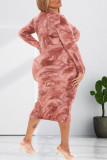 Brick Red Fashion Casual Print Basic O Neck Long Sleeve Dresses