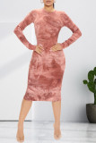 Brick Red Fashion Casual Print Basic O Neck Long Sleeve Dresses