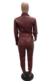 Wine Red Street Solid Patchwork Turndown Collar Long Sleeve Two Pieces