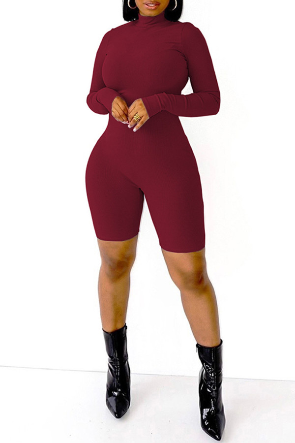 Burgundy Fashion Casual Solid Basic Turtleneck Skinny Romper