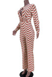 Multicolor Fashion Casual Print Hollowed Out O Neck Regular Jumpsuits