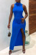 Blue Fashion Sexy Solid Slit Turtleneck Sleeveless Dress