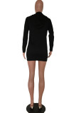 Black Fashion Casual Solid Basic Hooded Collar Long Sleeve Dresses