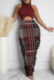Green Fashion Casual Print Tassel Half A Turtleneck Sleeveless Two Pieces