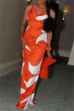 Orange Fashion Casual Print Backless One Shoulder Long Dress
