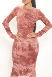 Brick Red Fashion Casual Print Basic O Neck Long Sleeve Dresses