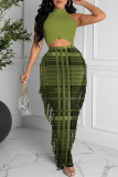 Green Fashion Casual Print Tassel Half A Turtleneck Sleeveless Two Pieces