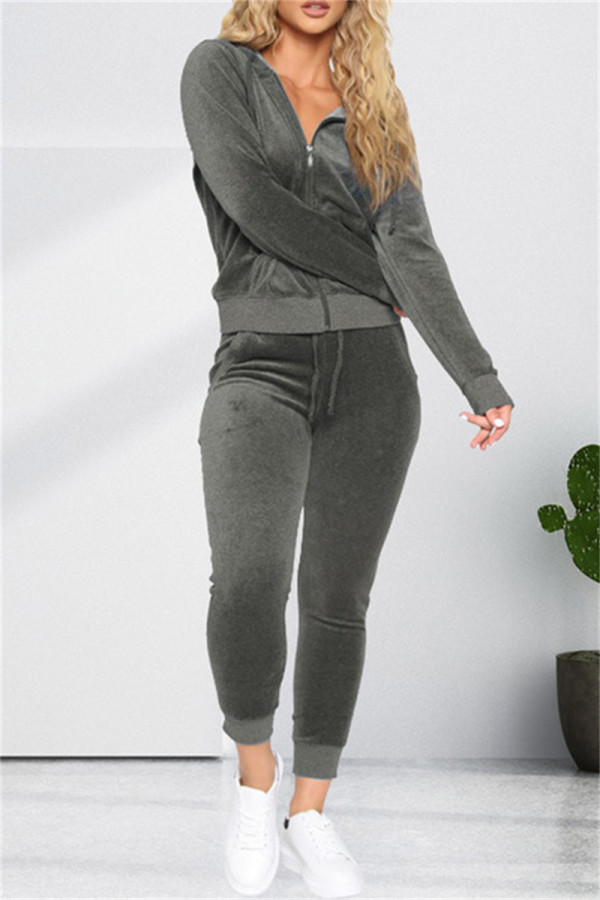 Grey Fashion Casual Solid Cardigan Pants Hooded Collar Long Sleeve Two Pieces