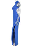 Blue Fashion Sexy Solid Slit Turtleneck Sleeveless Dress