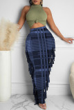 Orange Fashion Casual Plaid Print Tassel Regular High Waist Skirt