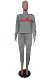 Grey Casual Print Patchwork O Neck Long Sleeve Two Pieces