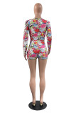 Multicolor Fashion Casual Print Basic V Neck Long Sleeve Skinny Romper