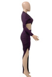 Purple Sexy Solid Hollowed Out Patchwork Slit O Neck One Step Skirt Dresses