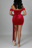 Red Sexy Solid Patchwork Fold Asymmetrical Off the Shoulder One Step Skirt Dresses